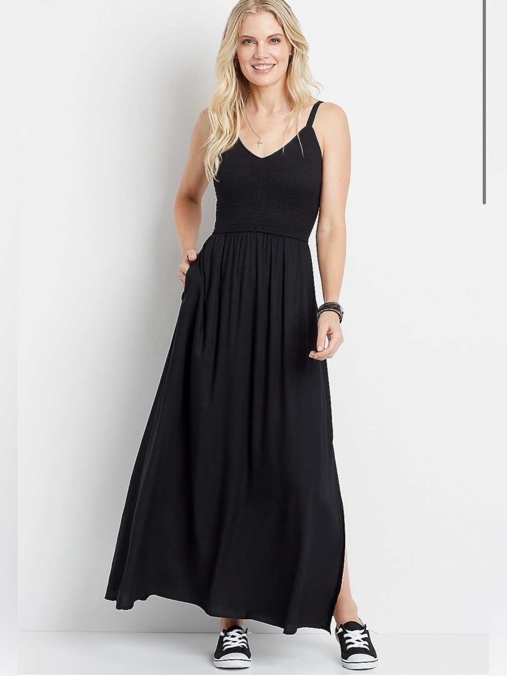 Black Smocked Maxi Dress with Spaghetti Straps (XL)
